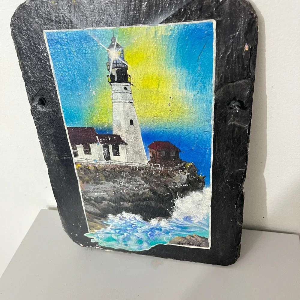 Leigh Clement Portland Head Light Slate Art Maine Lighthouse  Black Hand Painted